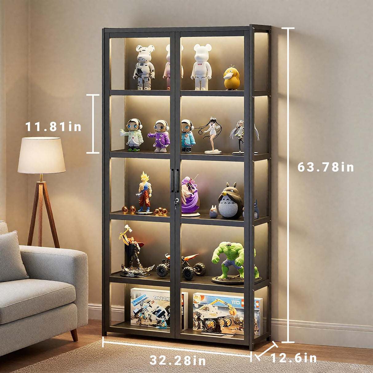 Curio Display Cabinet with Acrylic Doors, 5-Tier Bamboo Display Cases for Figurine, Curio Cabinet Toy Organizers Rack & Display Shelf for Home Office, Playroom, Living Room，Bedroom, 65in Generic