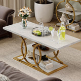 GiftGo Rustic Coffee Table with Storage Modern 3 Tier Center Living Room Table Faux Marble Wooden Rectangle Cocktail Tea Table for Office Bedroom Elegant Full Moon Design (White Gold, L-47) GiftGo