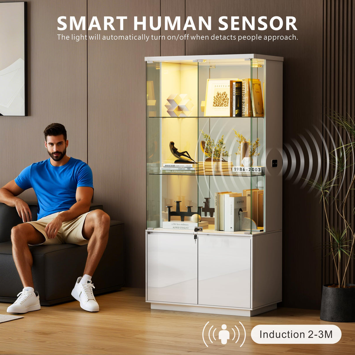 Lvifur 71” Glass Display Cabinet with Lights, Modern Curio Cabinet Display Cases for Collectibles, Locking Cabinet with Shelves & Drawers, Tall Bookcase with Human Body Sensor for Living Room (White) Lvifur