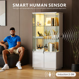 Lvifur 71” Glass Display Cabinet with Lights, Modern Curio Cabinet Display Cases for Collectibles, Locking Cabinet with Shelves & Drawers, Tall Bookcase with Human Body Sensor for Living Room (White) Lvifur