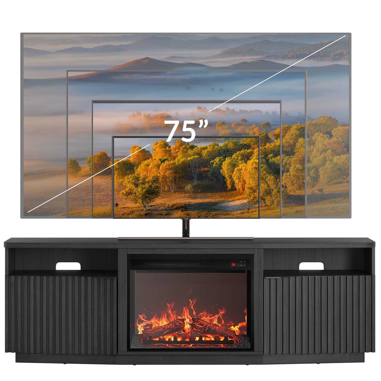 BELLEZE Fluted TV Stand with 23" Electric Fireplace Heater with Sound, 68" Entertainment Center for TV Up to 75", Media Console Table with Cable Management for Living Room, Bedroom - Ebony