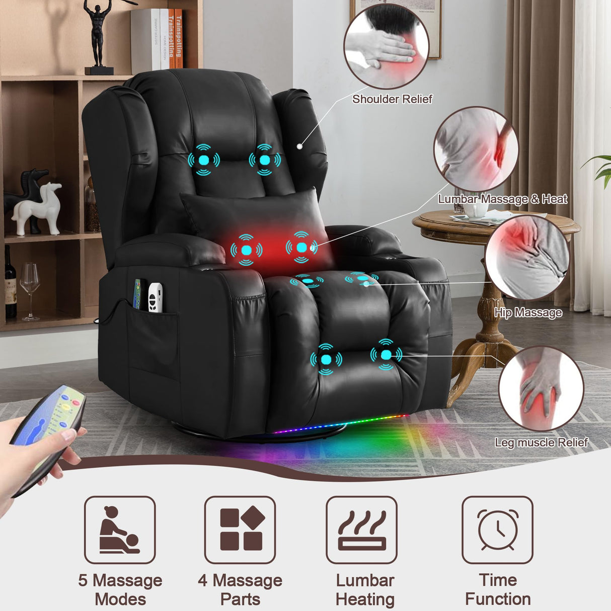 TUNYI Power Recliner Chair - Faux Leather Home Theater Seating Glider Reclining Sofa with Massage & Heat Swivel Rocker Recliner Chair for Living Room with LED Light/USB Port/Lumbar Pillow (Black) TUNYI