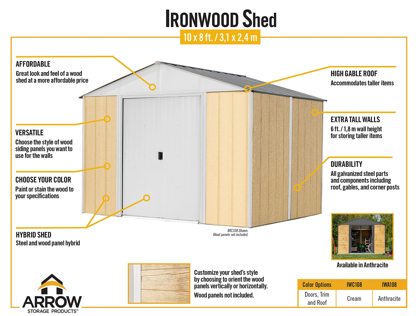 Arrow 10' x 8' Ironwood Galvanized Steel and Wood Panel Hybrid Outdoor Shed Kit, Anthracite - WoodArtSupply