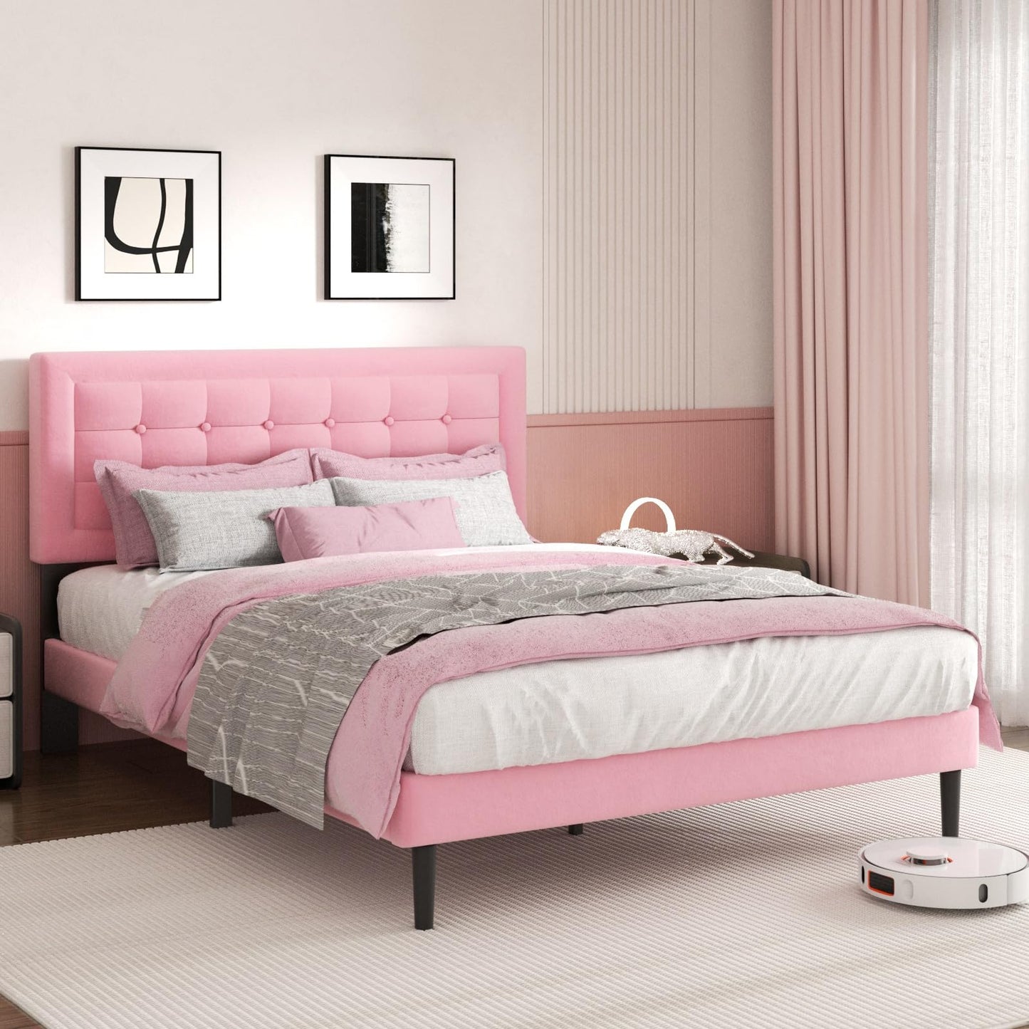 CXVX Queen Size Bed Frame with Headboard, Platform Bed Frame with Velvet Upholstered Button Tufted Headboard, Wood Slats Support, No Box Spring Needed, Mattress Foundation, Easy Assembly, Pink