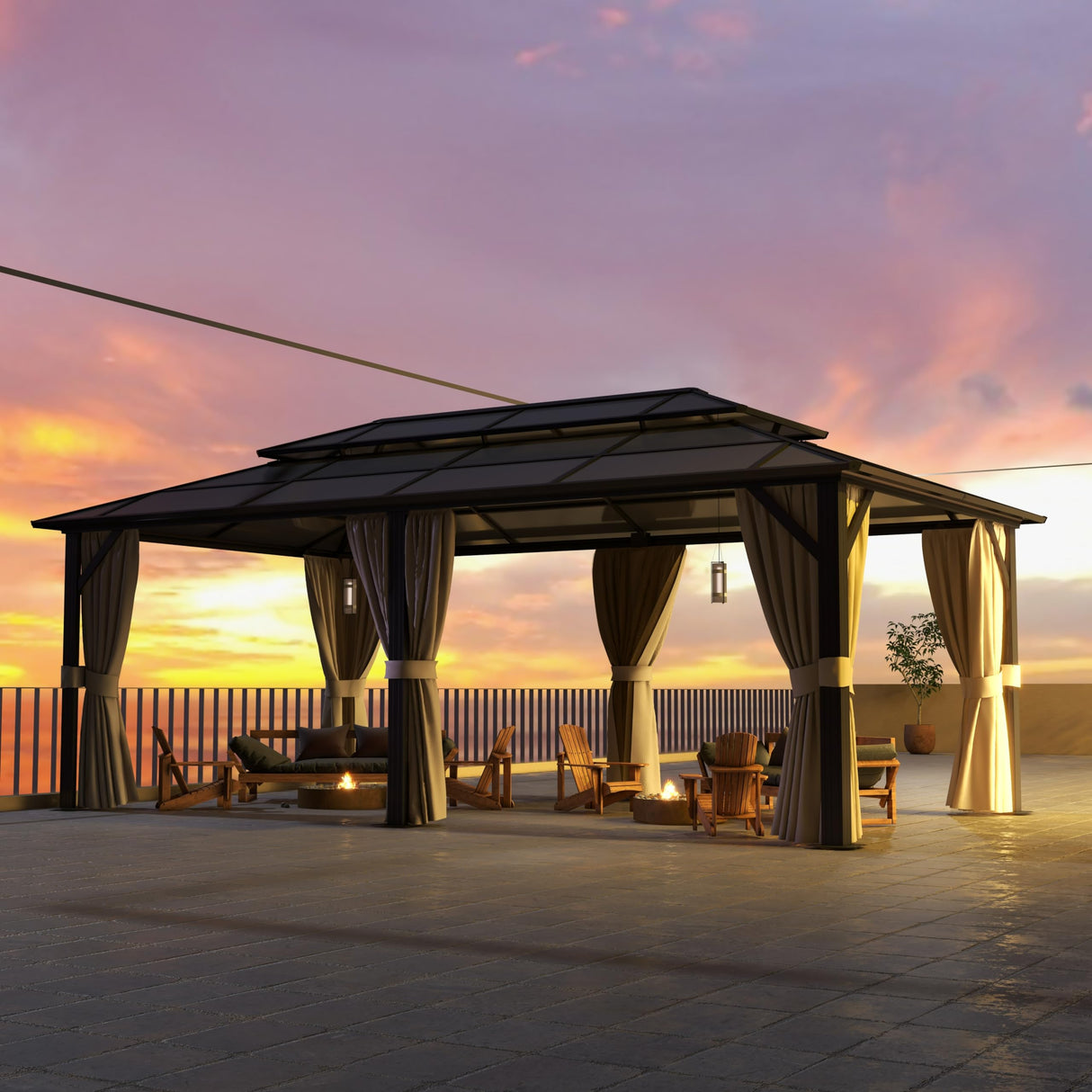 Jolydale 12FTx20FT Hardtop Gazebo, Outdoor Polycarbonate Double Top Canopy, Aluminum Frame Permanent Pavilion with Netting and Curtains, Sunshade for Patio, Garden, Lawns Jolydale