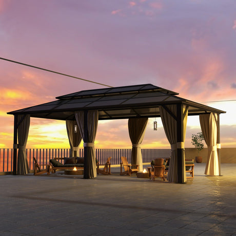 Jolydale 12FTx20FT Hardtop Gazebo, Outdoor Polycarbonate Double Top Canopy, Aluminum Frame Permanent Pavilion with Netting and Curtains, Sunshade for Patio, Garden, Lawns Jolydale