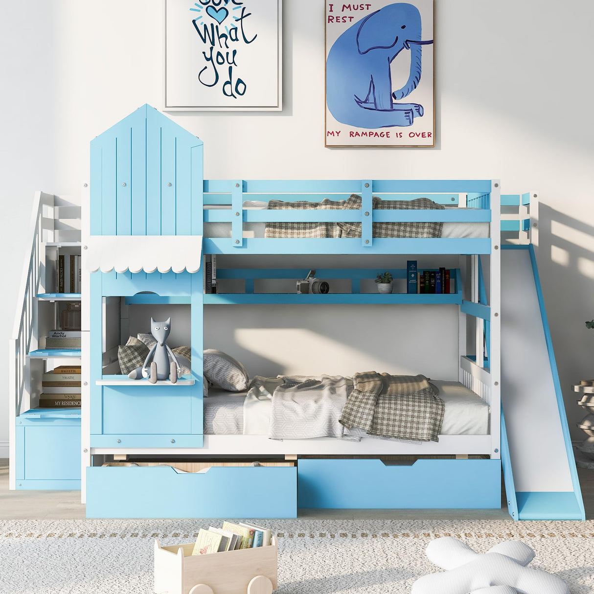Harper & Bright Designs Full Over Full Bunk Bed with Slide and Stairs, Castle Style Bunk Beds with Storage Drawers and Shelves, Wooden Loft Bunk Bed Frame for Kids, Teens, Boys & Girls (Blue) Harper & Bright Designs