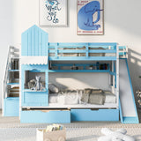 Harper & Bright Designs Full Over Full Bunk Bed with Slide and Stairs, Castle Style Bunk Beds with Storage Drawers and Shelves, Wooden Loft Bunk Bed Frame for Kids, Teens, Boys & Girls (Blue) Harper & Bright Designs