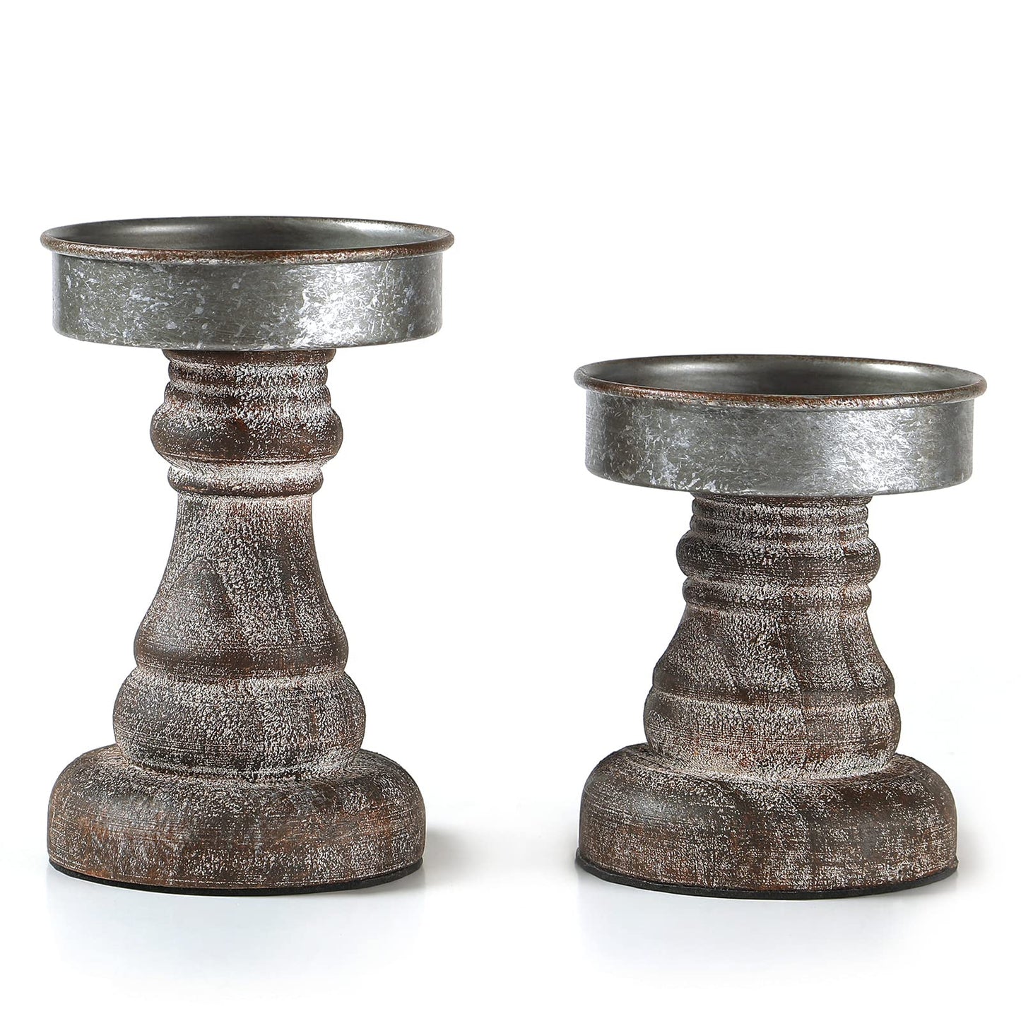 Distressed Wood & Metal Candle Holder, Set of 2 Modern Farmhouse Candlestick Holder, Farmhouse Table Decor, Rustic Decor for Mantel, Dining Table, Coffee Bar Centerpiece