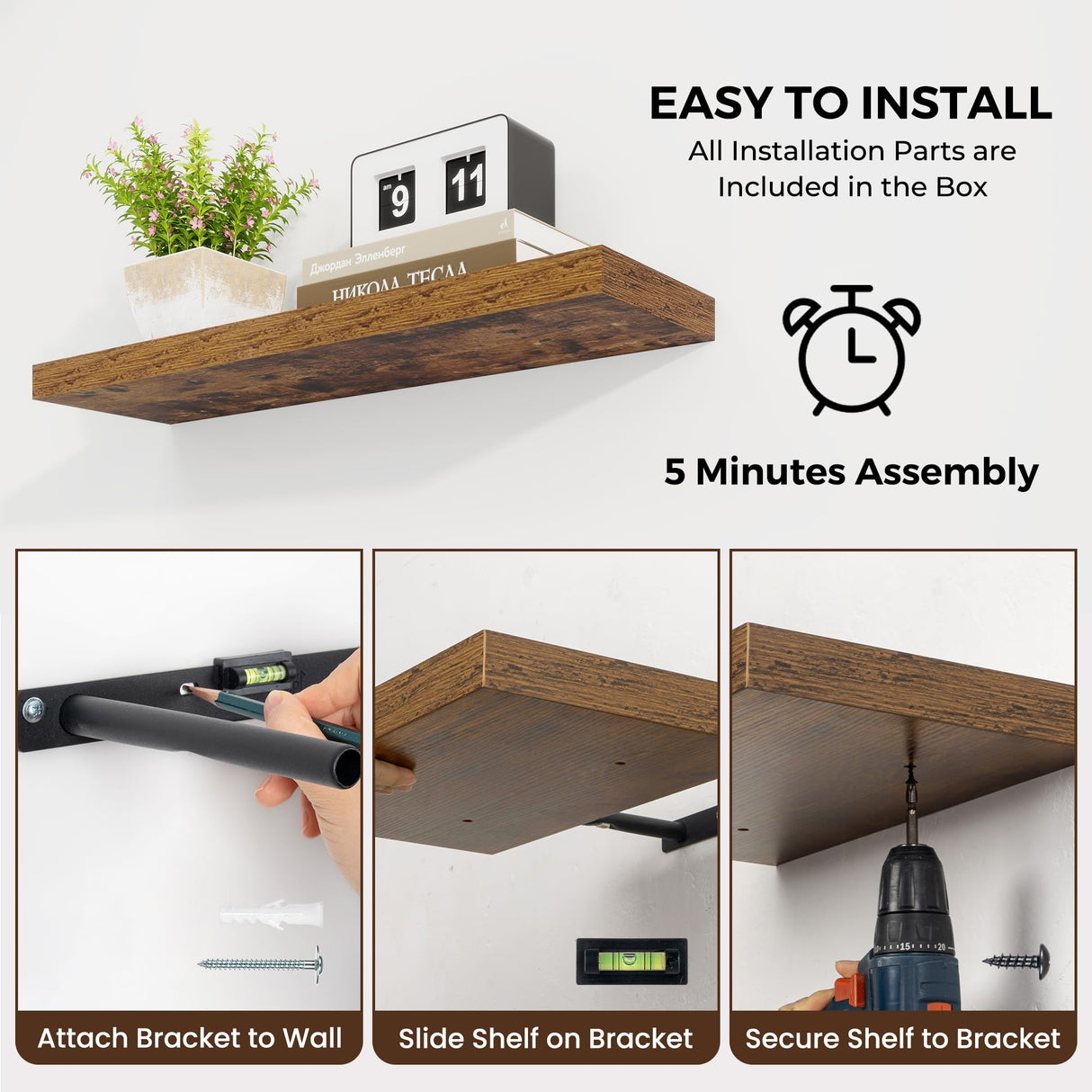 48 Inch Fireplace Mantel Shelf Floating Shelves for Large Wall Mounted Shelves with Invisible Brackets,Brown Long Wall Shelves for Decor Storage Bathroom,Living Room,Kitchen,Office,48"x 9.1" Set of 2 Dreamland