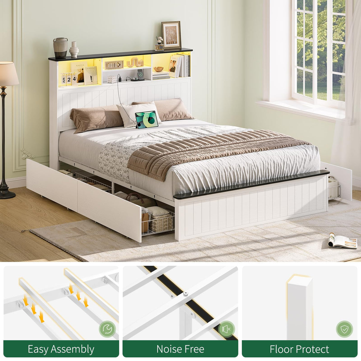 Yoobure Queen Bed Frame with Headboard - Farmhouse Wood Bed Frames Queen Size with 4 Storage Drawers, Platform Beds with Charging Station & LED Light, No Noise Double Bedframe, No Box Spring Needed Yoobure
