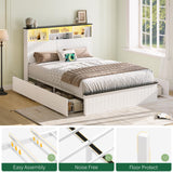 Yoobure Queen Bed Frame with Headboard - Farmhouse Wood Bed Frames Queen Size with 4 Storage Drawers, Platform Beds with Charging Station & LED Light, No Noise Double Bedframe, No Box Spring Needed Yoobure