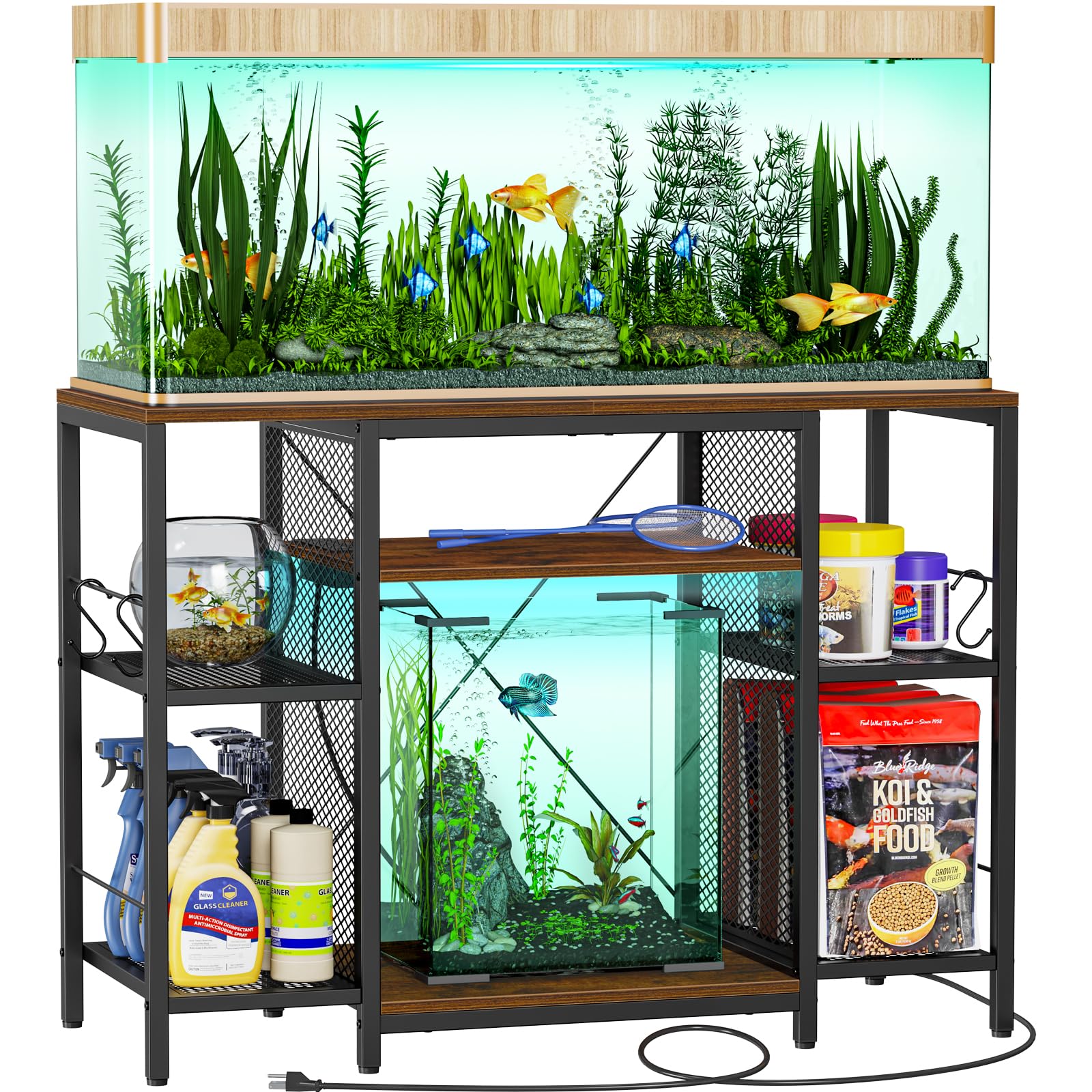 Snughome Fish Tank Stand, 40 Gallon Aquarium Stands with Charging Station, Adjustable Fish Tank Stand with Removable LED Light, Heavy Duty Metal Aquarium Stands with Storage, 43.3" x 17.72" x - WoodArtSupply