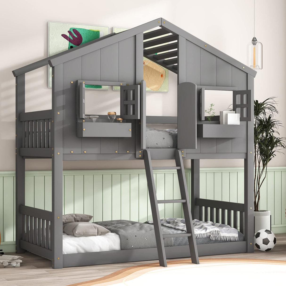 Harper & Bright Designs House Bunk Bed Twin Over Twin for Kids, Wood Bunk Beds with Roof, Windows, Window Box and Small Door, Floor Bunk Beds with Ladder and Guard Rails for Girls Boys,Grey Harper & Bright Designs