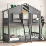 Harper & Bright Designs House Bunk Bed Twin Over Twin for Kids, Wood Bunk Beds with Roof, Windows, Window Box and Small Door, Floor Bunk Beds with Ladder and Guard Rails for Girls Boys,Grey Harper & Bright Designs