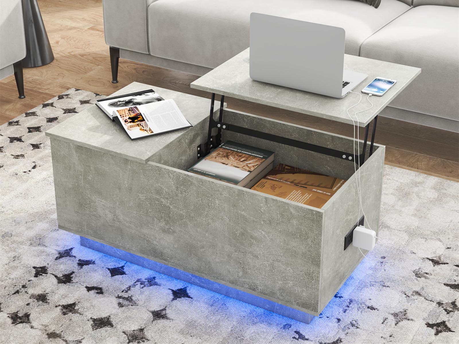 HOMMPA Lift Top Coffee Table with Charging Station Grey Led Coffee Table with Storage Hidden Compartment Modern Coffee Table with Lift Top Center Table with 16 Color LED Light for Living Room - WoodArtSupply