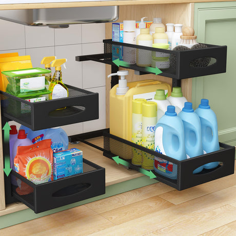Under Sink Organizer, 2 Tier Pull out Cabinet Organizer Baskets with Mesh Sliding Drawers, Slide out Storage Shelf for Home, Kitchen, Bathroom, Pantry, Office Cabinet, Countertop(1 Pack) Kitstorack