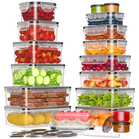 KEMETHY 36-Piece Food Storage Containers with Lids(18 Containers & 18 Lids), Plastic Food Containers for Pantry & Kitchen Storage and Organization, BPA-Free, Leak Proof, Reusable with Labels & Pen KEMETHY