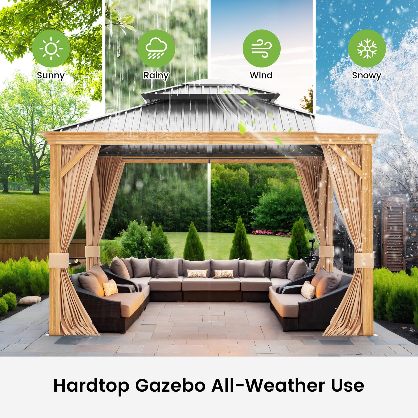 10' x 12' Patio Hardtop Gazebo Heavy Duty Aluminum Frame Metal Galvanized Steel Double Roof Outdoor Permanent Pergolas for Garden, Parties, Lawns, Deck (Woodgrain Grey)