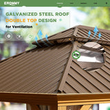 EROMMY 12' x 22' Gazebo, Wooden Finish Coated Aluminum Frame Canopy with Double Galvanized Steel Hardtop Roof, Outdoor Permanent Metal Pavilion with Curtains and Nettings for Patio, Backyard and Deck EROMMY