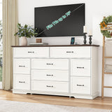 jiteentarou Farmhouse 9 Drawer Dresser for Bedroom,63” Wood Dresser & Chest of Drawers with Power Outlets,Large & Wide Dressers for Bedroom,Tall Storage Dresser Organizer(White) jiteentarou