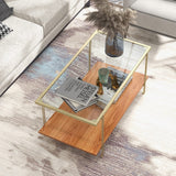 Tangkula Glass Coffee Table, 40In Mid Century 2 Tier Rectangle Coffee Table, Tempered Glass Top & Wood Storage Shelf, Steel Frame, Adjustable Feet, Modern Cocktail Accent Table for Living Room (Gold) Tangkula