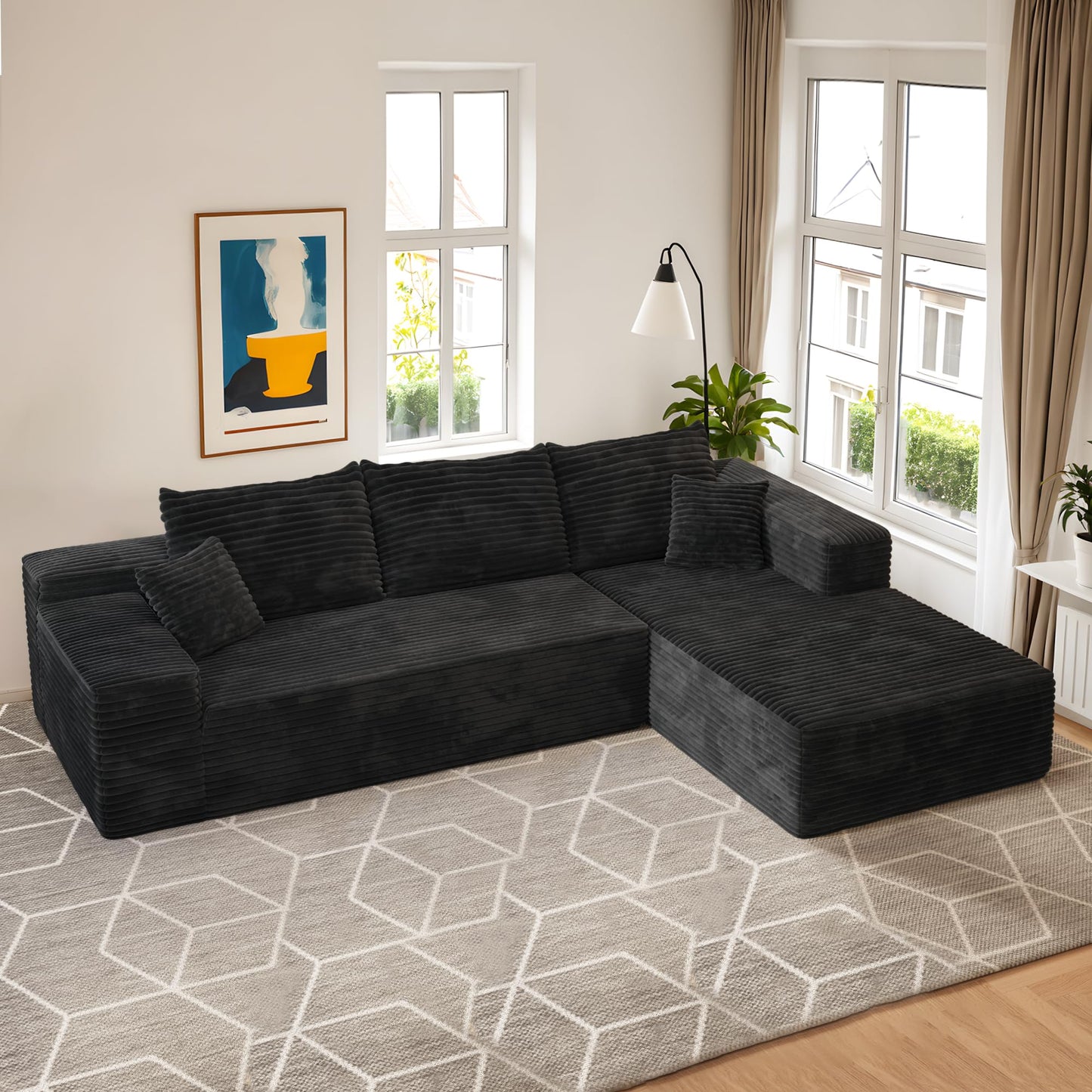 106" Cloud Sectional Couch with Chaise Lounge,L Shaped Modular Modern Sofa,Comfy Corduroy Fluffy Couch with Deep Seat,No Assembly Required Couch for Living Room(Right,Plush Corduroy,Black)