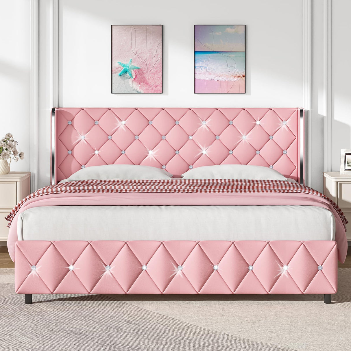 HOMBCK King Upholstered Bed Frame with Headboard, Faux Leather Platform Bed with Wingback Design, Modern Diamond Bed Frame with Tufted Deep Button, No Box Spring Needed, Easy Assembly, Pink HOMBCK