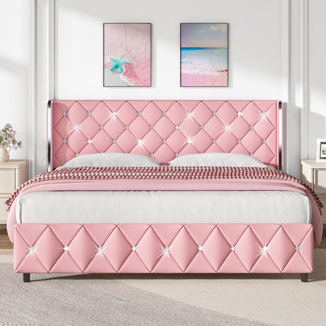 HOMBCK King Upholstered Bed Frame with Headboard, Faux Leather Platform Bed with Wingback Design, Modern Diamond Bed Frame with Tufted Deep Button, No Box Spring Needed, Easy Assembly, Pink HOMBCK