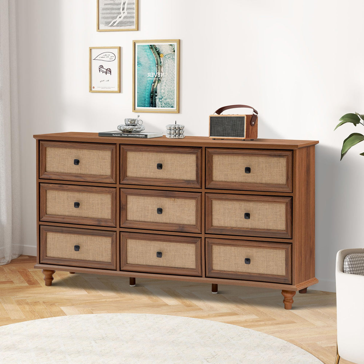 ORRD 9 Drawer Dresser for Bedroom, Mid Century Modern Wide Wood Rustic Chest of Drawers Wooden Storage Organizer Dressers with Burlap Rattan Drawers for Living Room, Hallway Closet, Entryway, Walnut ORRD