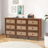 ORRD 9 Drawer Dresser for Bedroom, Mid Century Modern Wide Wood Rustic Chest of Drawers Wooden Storage Organizer Dressers with Burlap Rattan Drawers for Living Room, Hallway Closet, Entryway, Walnut ORRD