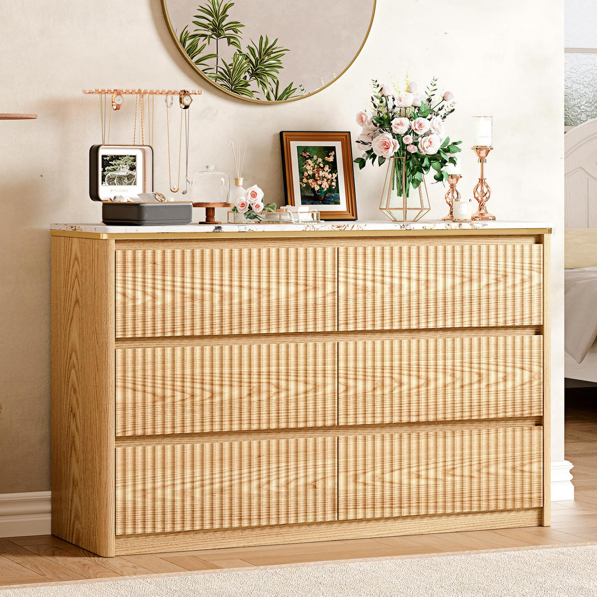 Ieejdn Fluted Dresser for Bedroom with 6 Drawers, 47.2" Modern Chest of Drawers with Faux Marble Top, Curved Profile Design,Dresser TV Stand, Wood Drawer Organizer for Living Room, Hallway, Oak1
