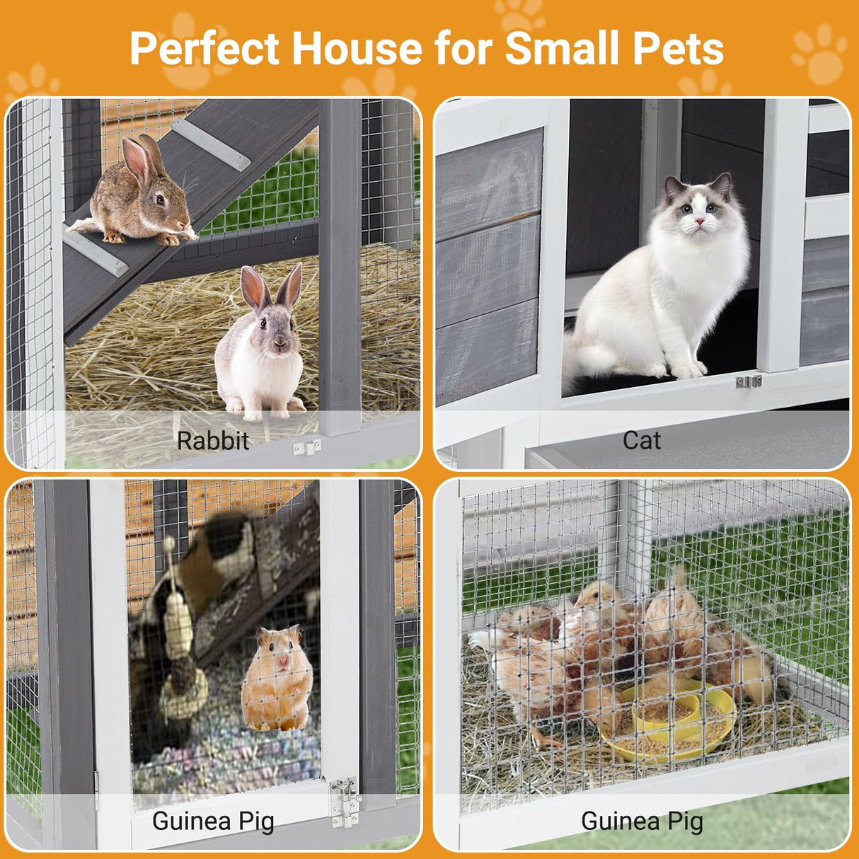 48" Wooden Rabbit Hutch Indoor Waterproof, Chicken Coop, 2 Lockable Doors Bunny Cage Indoor with Weather-Resistant Small House & Open Courtyard, Rabbit Cage Indoor with Wire Fence and Cleaning Tray TROPOW