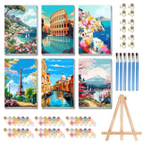 6 Pack Framed Paint by Numbers Kit for Adults - with Wooden Easel, Landscape Paint by Numbers Kit for Adults Framed, DIY Famous Landmarks Paint by Numbers with Frame for Home Wall Decor 8x12 Inch askkqtx