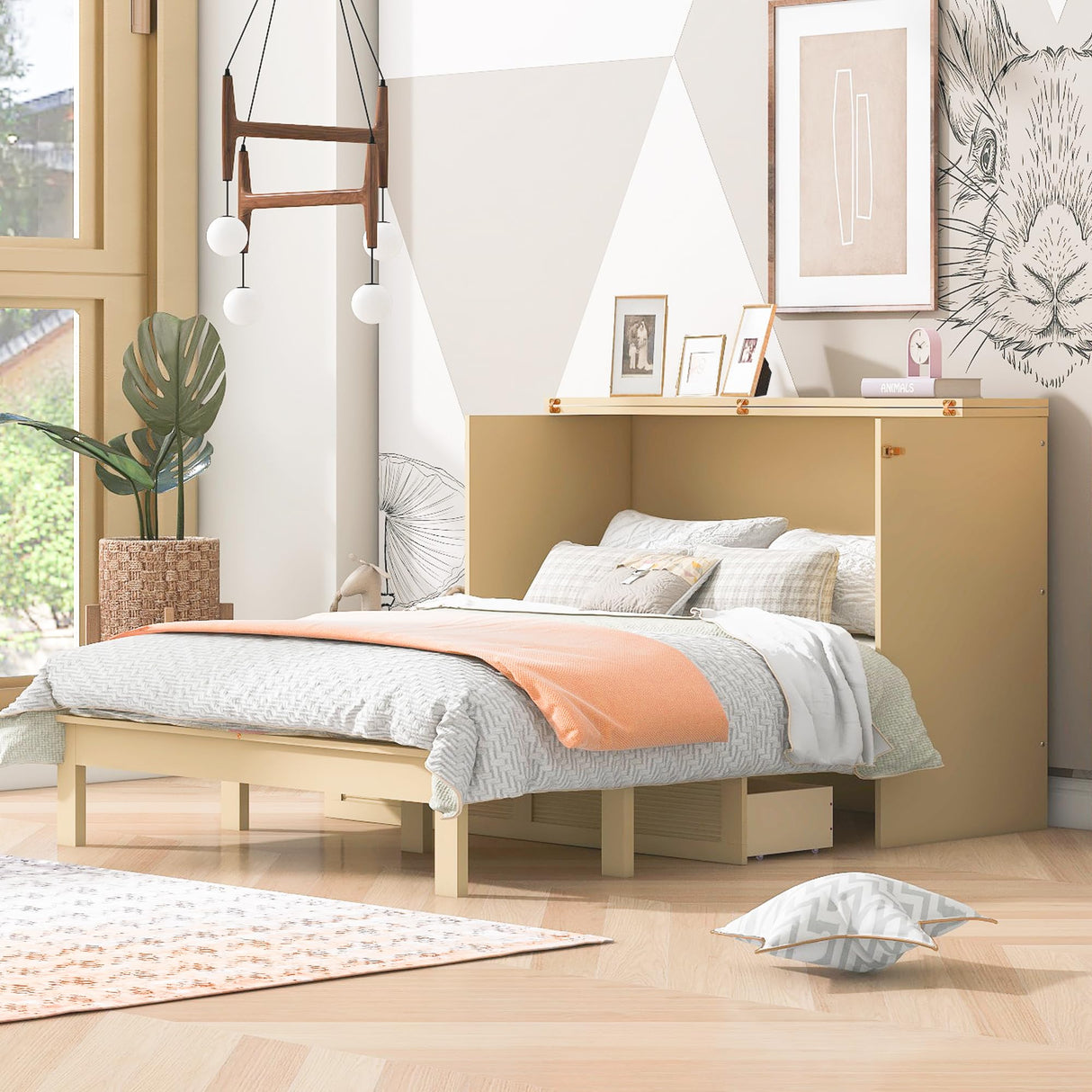 Ball & Cast Murphy Bed Full Size with Drawer and A Set of Sockets,Bedroom Folding Wall Cabinets Frame w/USB Ports & Pulley Structure Design,Hideaway Bed for Guest Room,Study,Office,Golden Ball & Cast