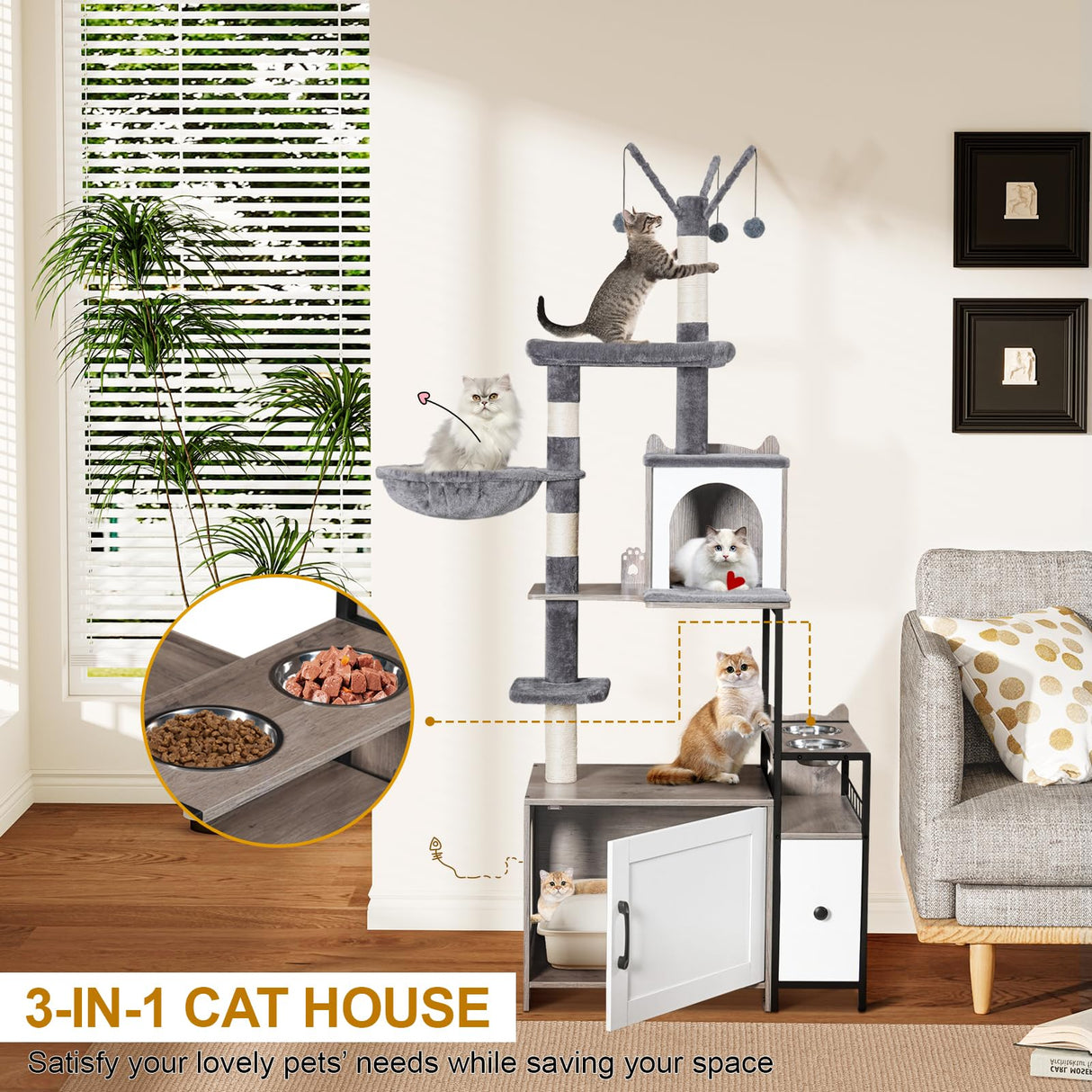 Snughome Cat Tree with Litter Box Enclosure, 3-in-1 Modern Cat Tower for Indoor Cats, 67.32’’ Hidden Cat Litter Box Furniture with Cat Condo, Food Station and Hammocks, All-in-one Cat Furniture Snughome