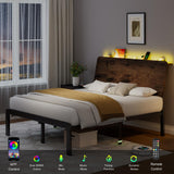 Feonase Full Size Bed Frame with Ergonomic Storage Headboard & Charging Station, LED Platform Bed Frame, Heavy Duty Metal Slats, No Box Spring Needed, Easy Assembly, Rustic Feonase