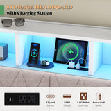 AMERLIFE Queen Bed Frame with Bookcase Headboard and 4 Storage Drawers, Wooden Platform Bed with Charging Station and LED Light, No Box Spring Needed/Noise-Free, White AMERLIFE