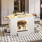 Kikihouse Modern Closet Island with 10 Drawers, LED Wardrobe Armoire Island with Glass Top, Luxury Walk-in Closet Island Storage Cabinet with Display Shelf for Cloakroom, Dressing Room (White) Kikihouse