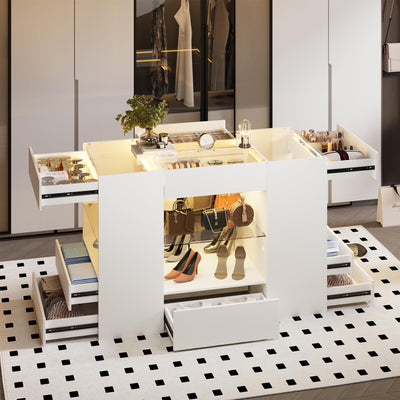 Kikihouse Modern Closet Island with 10 Drawers, LED Wardrobe Armoire Island with Glass Top, Luxury Walk-in Closet Island Storage Cabinet with Display Shelf for Cloakroom, Dressing Room (White)