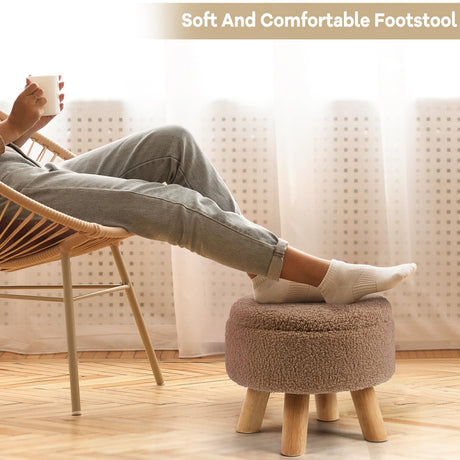 OGEMXU Storage Ottoman, Round Small Ottoman with Storage, Teddy Velvet Foot Stool with Wood Legs, Foot Rest for Chair, Soft Sponge Footstool for Living Room, Couch, Bedroom (Camel Brown) OGEMXU