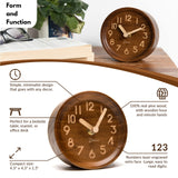 Driini Wooden Analog Desktop Clock – 4.3 in. Decorative Pinewood Clock, No-Tick Design – Easy to Read Silent Sweep Mantle Clock – Quiet Tabletop Clocks with Wood Body, Hands, & Battery Cover; Dark Driini