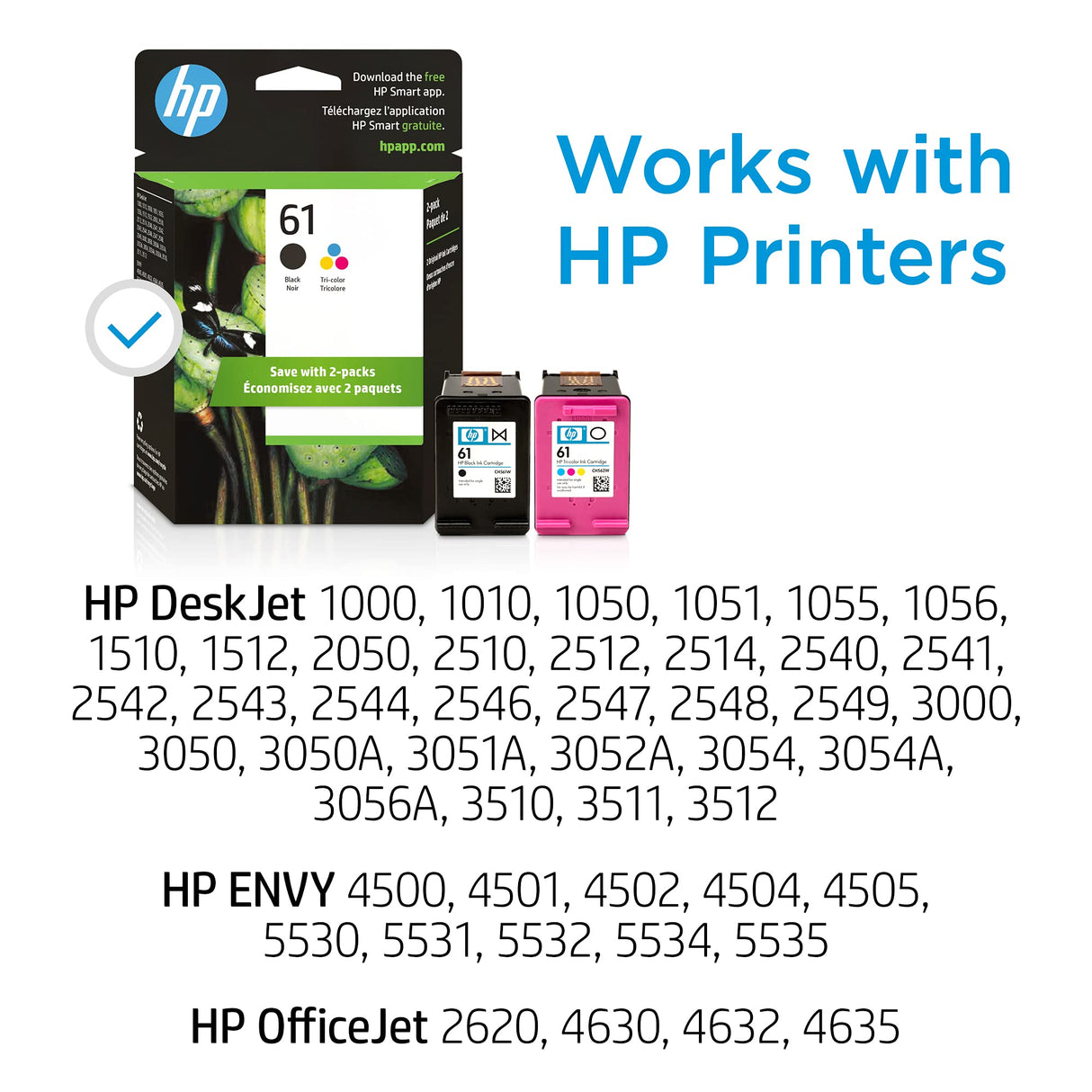HP 61 Black/Tri-color Ink (2 Pack) | Works with DeskJet 1000, 1010, 1050, 1510, 2050, 2510, 2540, 3000, 3050, 3510; ENVY 4500, 5530; OfficeJet 2620, 4630 | Eligible for Instant Ink | CR259FN HP