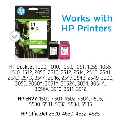 HP 61 Black/Tri-color Ink (2 Pack) | Works with DeskJet 1000, 1010, 1050, 1510, 2050, 2510, 2540, 3000, 3050, 3510; ENVY 4500, 5530; OfficeJet 2620, 4630 | Eligible for Instant Ink | CR259FN