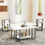 AWQM Faux Marble Table Set,Coffee Table&2 Side Table, Faux Marble Tabletop and Metal Frame,3 Piece Table Sets, for Living Room Apartment,White & Black AWQM