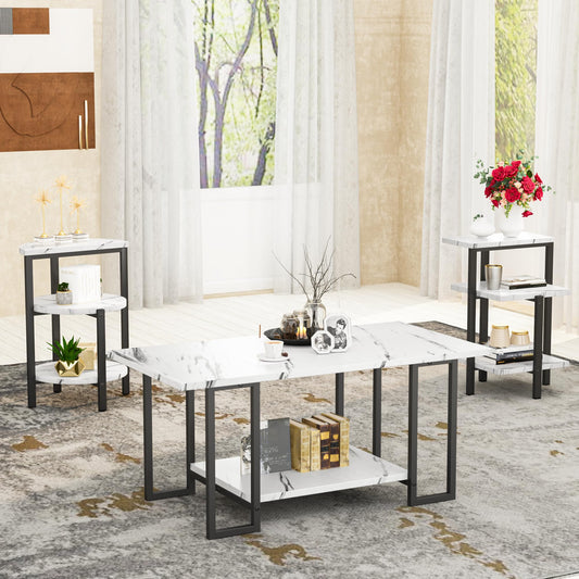 AWQM Faux Marble Table Set,Coffee Table&2 Side Table, Faux Marble Tabletop and Metal Frame,3 Piece Table Sets, for Living Room Apartment,White & Black - WoodArtSupply