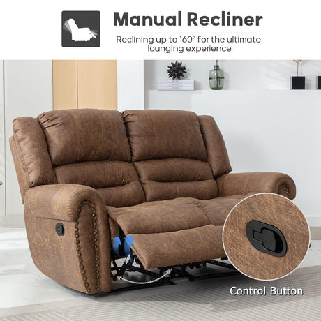 EBELLO Faux Leather Manual Loveseat Recliner, 2 Seat Reclining Sofa Chair with Soft Padded Seat Backrest, Couch Sofa Set for Living Room, Bedroom Furniture, Meeting Room, Brown (Loveseat) EBELLO