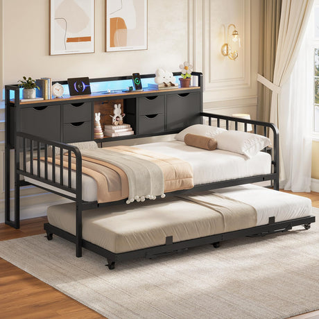 ADORNEVE Daybed with Trundle, Twin Day Bed with Storage Headboard & Charging Station, Height Adjustable Metal Trundle Bed Twin, Sofa Bed Frame for Living Room, Bedroom and Guest Room, Black ADORNEVE