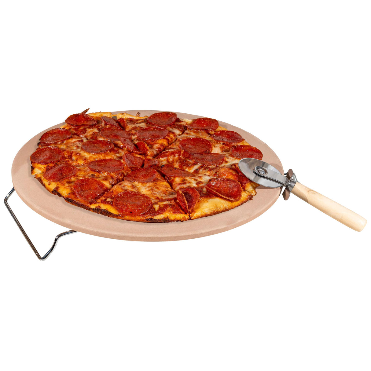 Pizza Stone - 15-Inch Pizza Stone for Oven or Grill with Pizza Cutter and Metal Serving Rack/Handles - Pizza Oven Accessories by Classic Cuisine Classic Cuisine