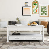 Panana Coffee Table, Lift Top Coffee Table with Hidden Compartment, 2 Drawers and 1 Open Shelf, Retro Central Wooden Table Lift Tabletop for Living Room (White) Panana